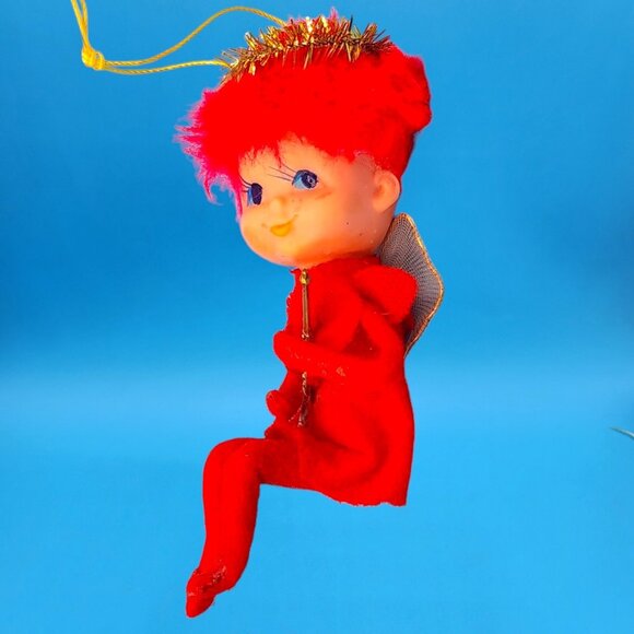 Vintage 1950s Red Hair Pixie Angel Japan Knee Hugger Felt Tulle Wings Ornament - Picture 5 of 8